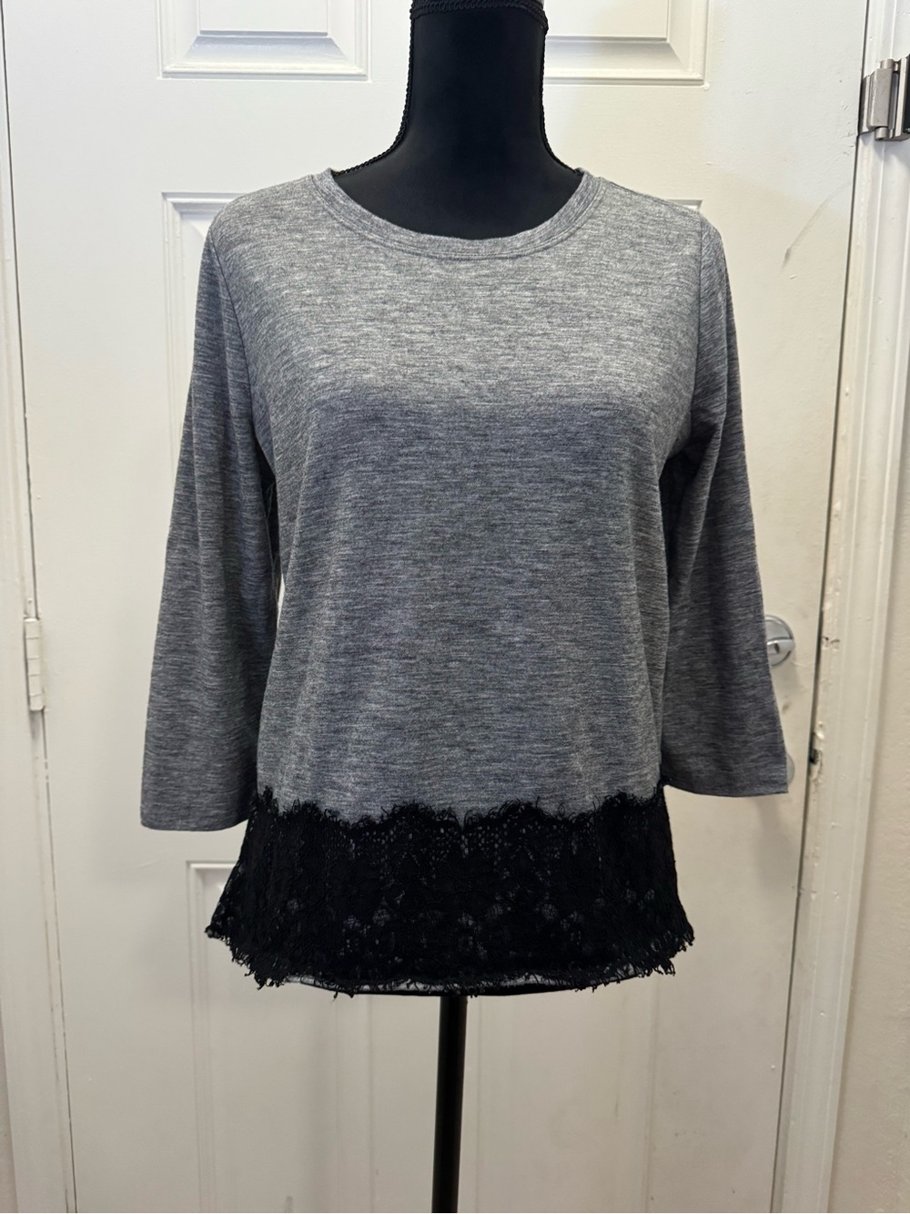 LOFT Gray Long Sleeve Knit Top with Black Lace Trim 0159